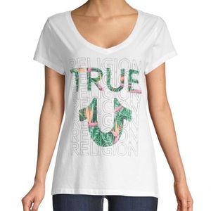 True Religion tropical t-shirt, V neck, white,